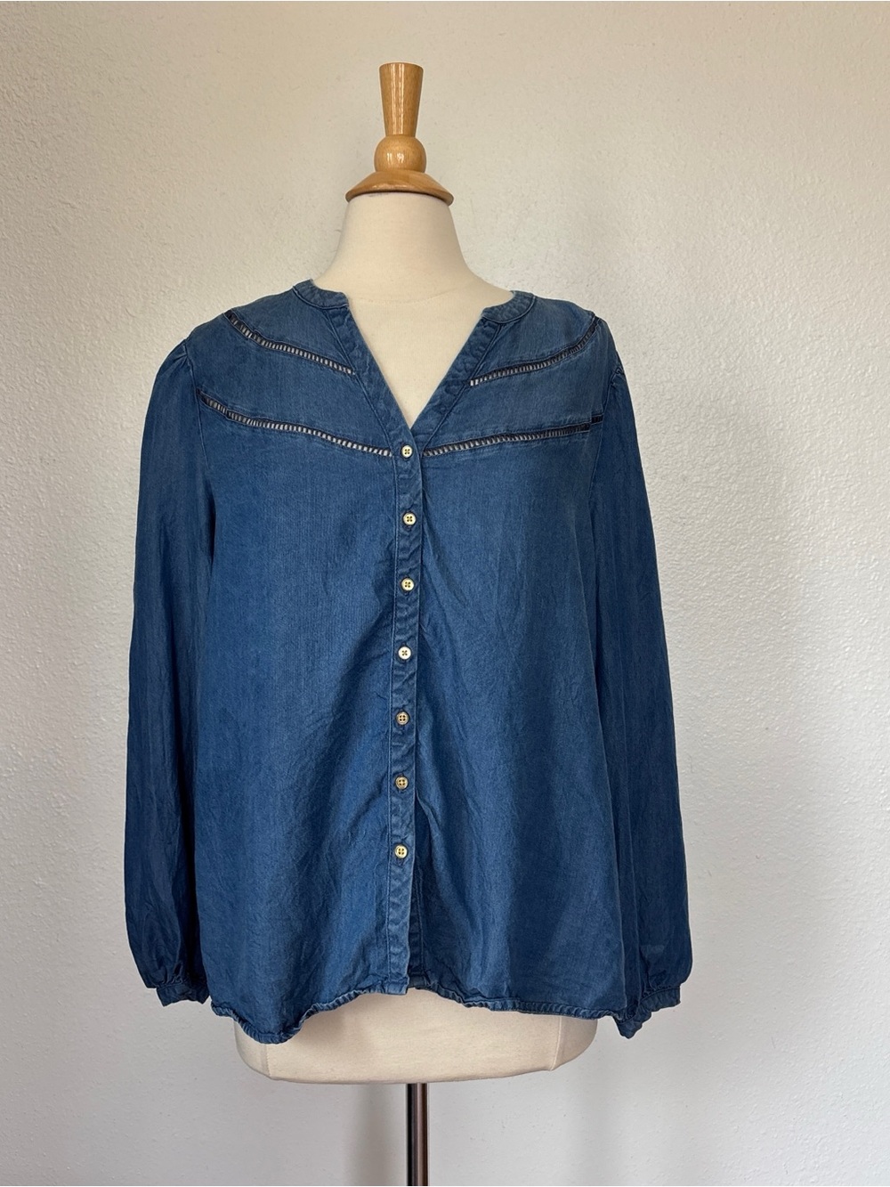 Solid Blue Denim Cut Out Long Sleeve V-Neck Button-Front  Blouse
